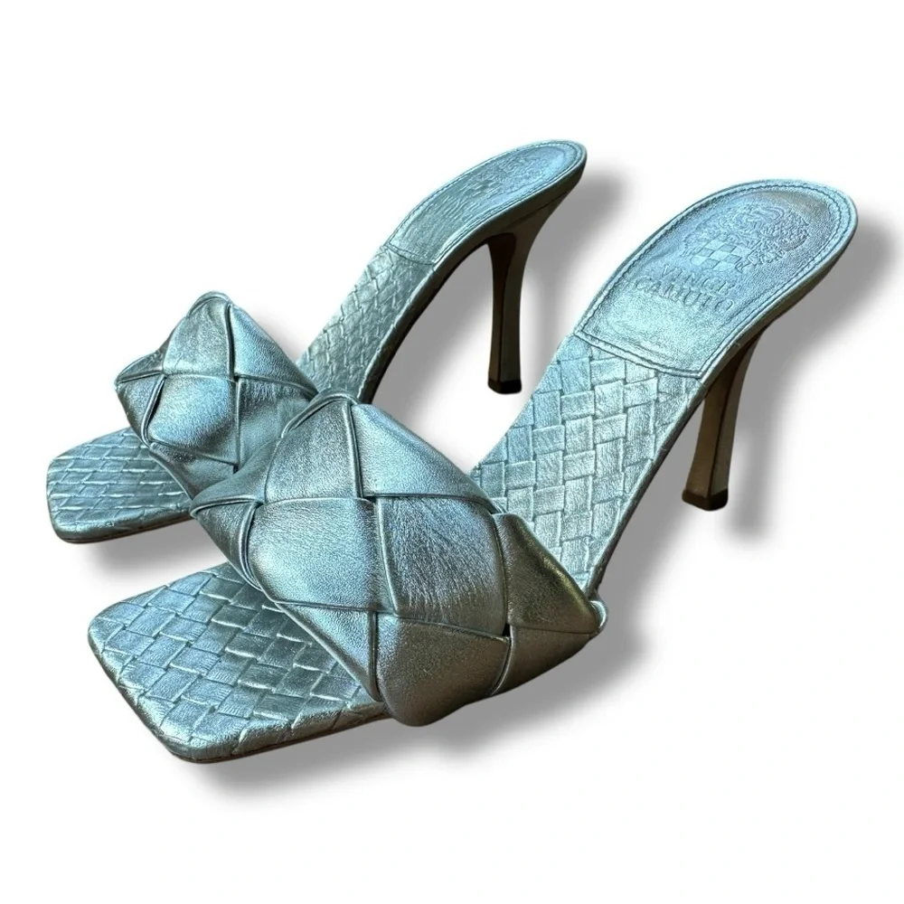 Vince Camuto Brelanie Silver Leather Braided Strap Heeled Slide Sandals | 8.5